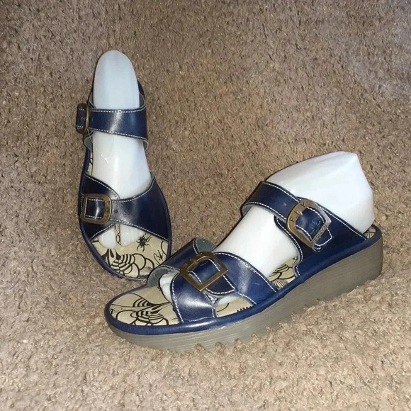 Fly London Shoes - FLY LONDON-ETAN-Navy Blue Leather Slide Sandals